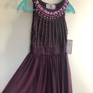 Purple Chiffon Beaded Empire Waist Gown